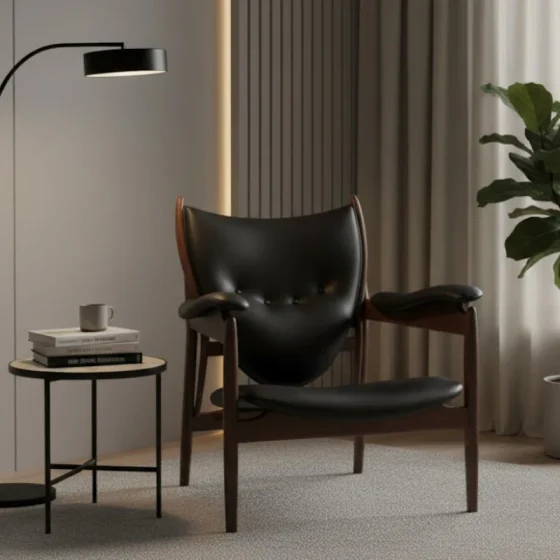 Ash wood frame lounge chair shown in a furnished setting