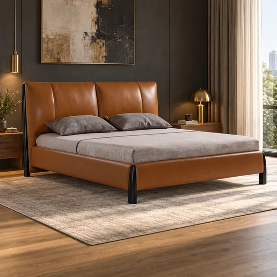 LS-A-P2205 Genuine Leather Soft Bed in an AND ART styled room visualisation